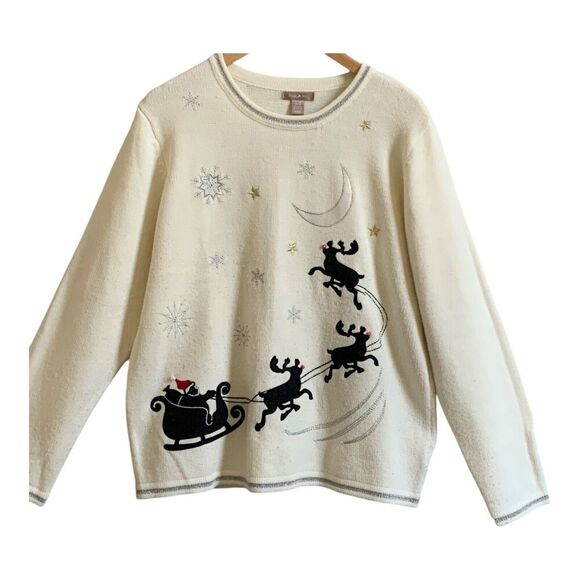White Stag Women's Christmas Sweater XL Santa Sleigh Black Reindeer Silver Trim - Picture 1 of 16